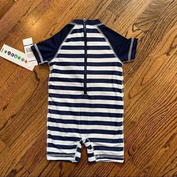 NWT New WIPPETTE Rashguard One Piece Swimsuit Pirate Crab Navy White Stripes 18m - Picture 4 of 6